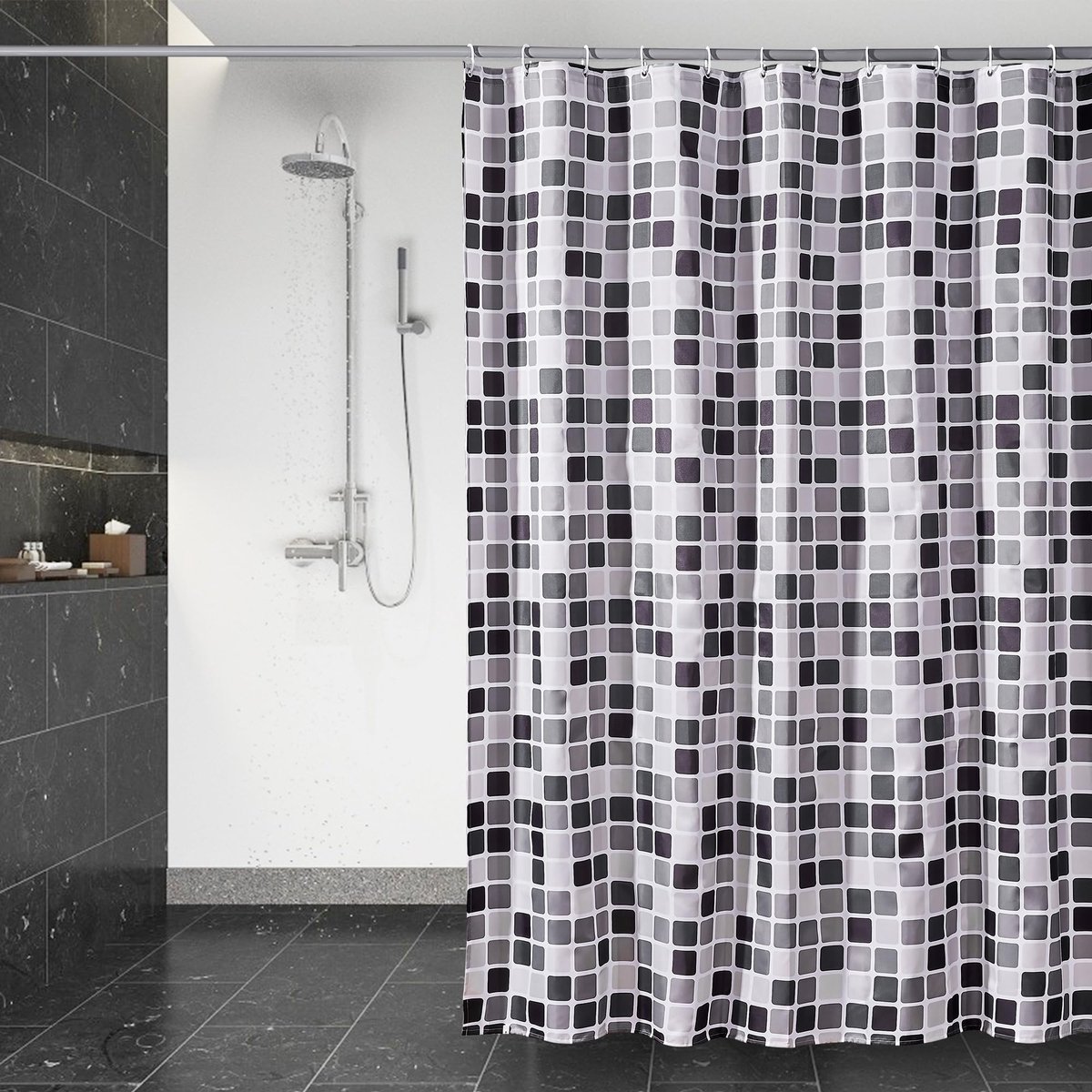 Douchegordijn, wasbaar badgordijn met 12 haken en verzwaarde zoom, roestvrij, niet-absorberend, sneldrogend, geen geur, voor bad en douchecabine, 178 x 188 cm mozaïek