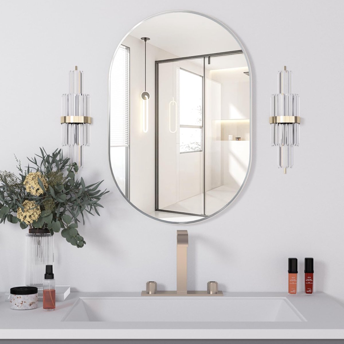 Spiegel Ovale Spiegels, 50x75cm Zilveren Badkamerspiegels Voor Boven Gootsteen, Pil Spiegels Capsule Muur Opgezette Spiegel, Moderne Spiegel Met Metalen Frame