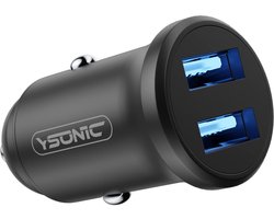YSONIC USB Autolader - Dubbele USB-A Autolader - 2 Poorten - Aluminium - Blauwe LED - Voor Sigarettenaansteker - Zwart