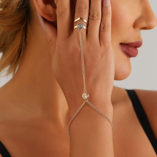 Vingerketting voor dames, 14 K verguld, met zirkonia, waterdicht en nikkelvrij, verstelbare handketting voor elegante stapellook, perfect voor feestjes en dagelijks gebruik — afbeelding 5