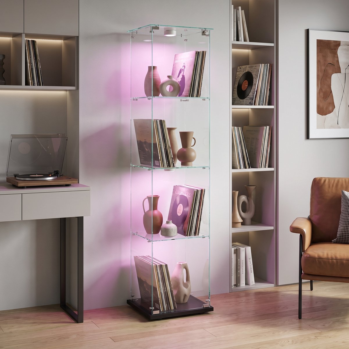 Glazen Vitrinekast, Verticale Kast met 4 Planken voor Verzamelingen, Boeken, Wijn, Kantoor, Woonkamer, Keuken, met Verlichting, 163x39,8x35cm (Zwart)