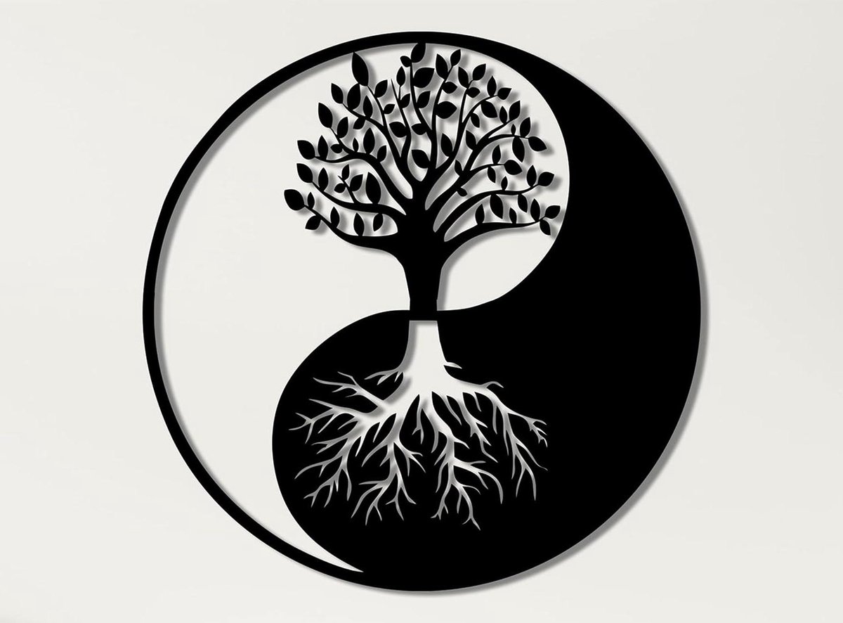 Metalen Wanddecoratie - Yin Yang Boom - Woonkamer Aankleden - Duurzaam Gepoeierd - 75x75cm - Zwart