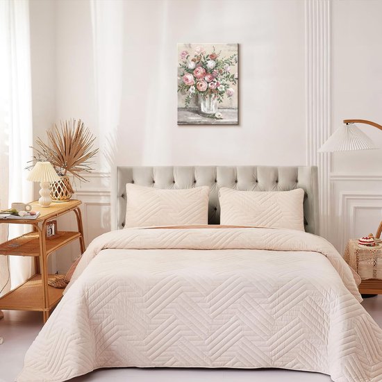 Ingelijste Vintage Bloem Kunst Aan de Muur Decor Boerderij Stilleven Poster, Rustieke Roze Witte Bloemenvaas Drukt Botanische Olieverfschilderij Badkamer Slaapkamer Woonkamer 12x16 Duim — afbeelding 3