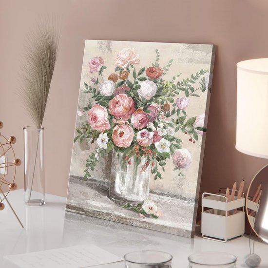Ingelijste Vintage Bloem Kunst Aan de Muur Decor Boerderij Stilleven Poster, Rustieke Roze Witte Bloemenvaas Drukt Botanische Olieverfschilderij Badkamer Slaapkamer Woonkamer 12x16 Duim — afbeelding 2
