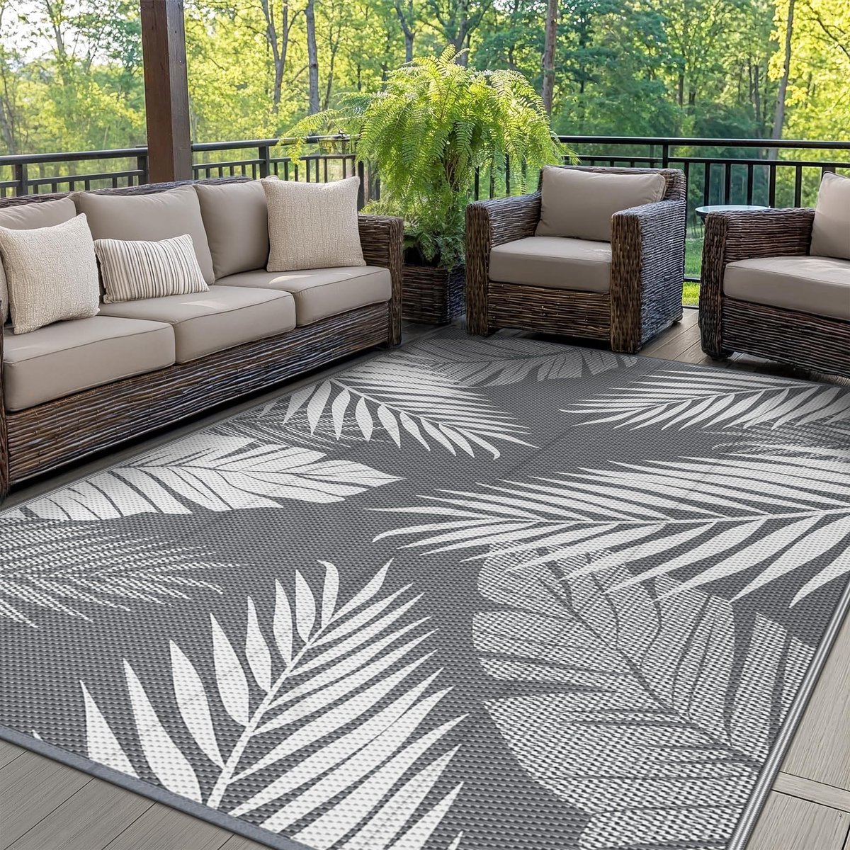 Waterdicht buitentapijt, omkeerbare campingmat, plastic picknickdeken voor tuin, camper, balkon, achtertuin, 240x300cm, Bladmotief Grijs en Wit