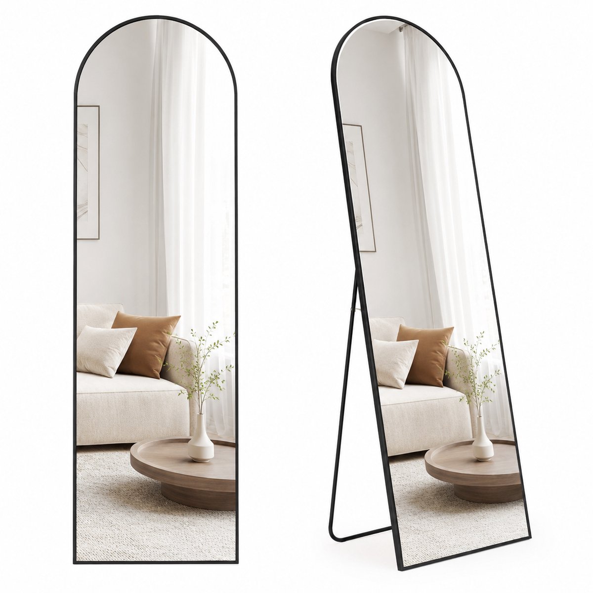 Sello! passpiegel – staande spiegel – ronde bovenkant – vrijstaand – wand gemonteerd – aluminium frame – 160 x 50 cm – zwart