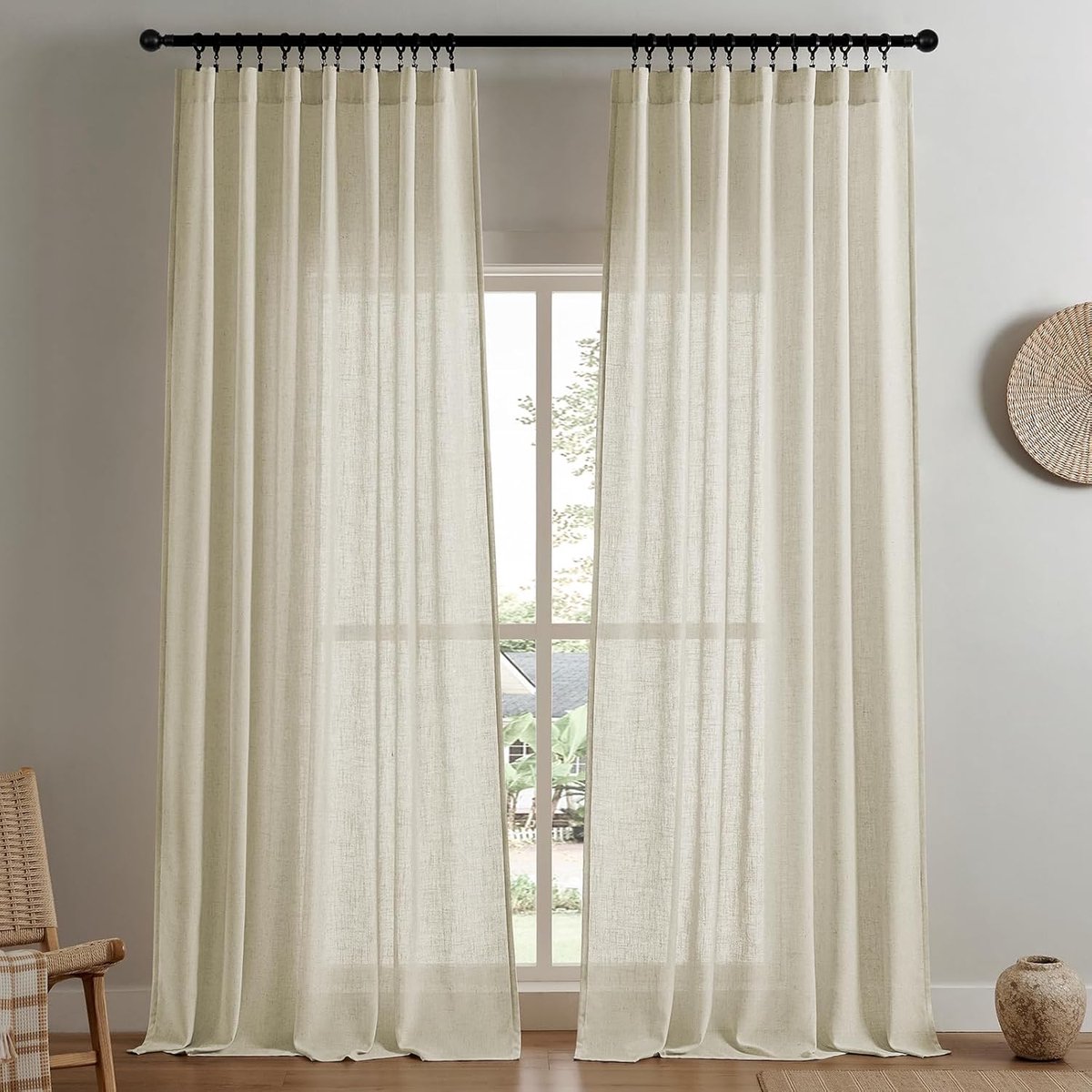 Semi-transparante gordijnen voor woonkamer, linnen gordijnen 213 cm lengte 2 panelen set voor slaapkamer, gordijnen 213 inch lange roede zakken achterste tab (84 cm L x 94 cm W, linnen)