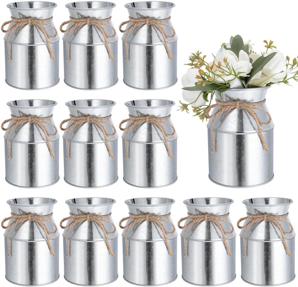 12 stuks rustieke metalen vaas in landelijke stijl 9,4 cm vintage ijzeren emmer vaas voor tafeldecoraties in landelijke stijl voor bruiloften en als tafelstuk (zilver)