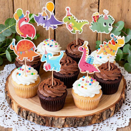 32 Stuks Dinosaurus Cupcake Toppers, Schattige Dinosaurus Cupcake Prikkers met Verschillende Stijlen Dino Taartdecoraties voor Kinderfeestjes Babyshowers en Andere Benodigdheden — afbeelding 2