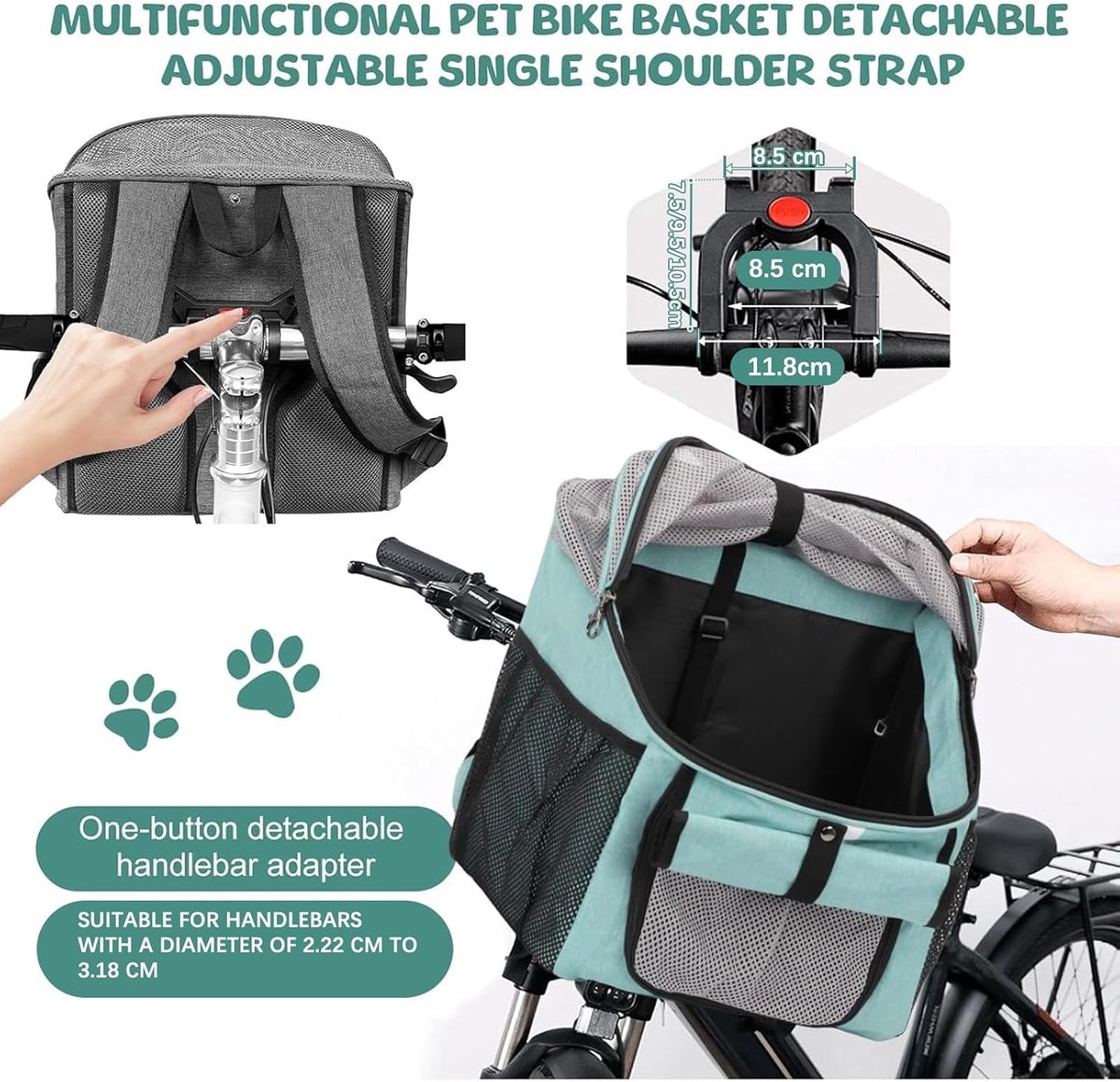 Fietsmand voor honden, fietstas voor huisdieren, opvouwbare fietsmand voor honden, 2-in-1, opvouwbaar, hondenmand, hondenrugzak met stuuradapter voor kleine huisdieren (draagvermogen 5 kg) (blauw)