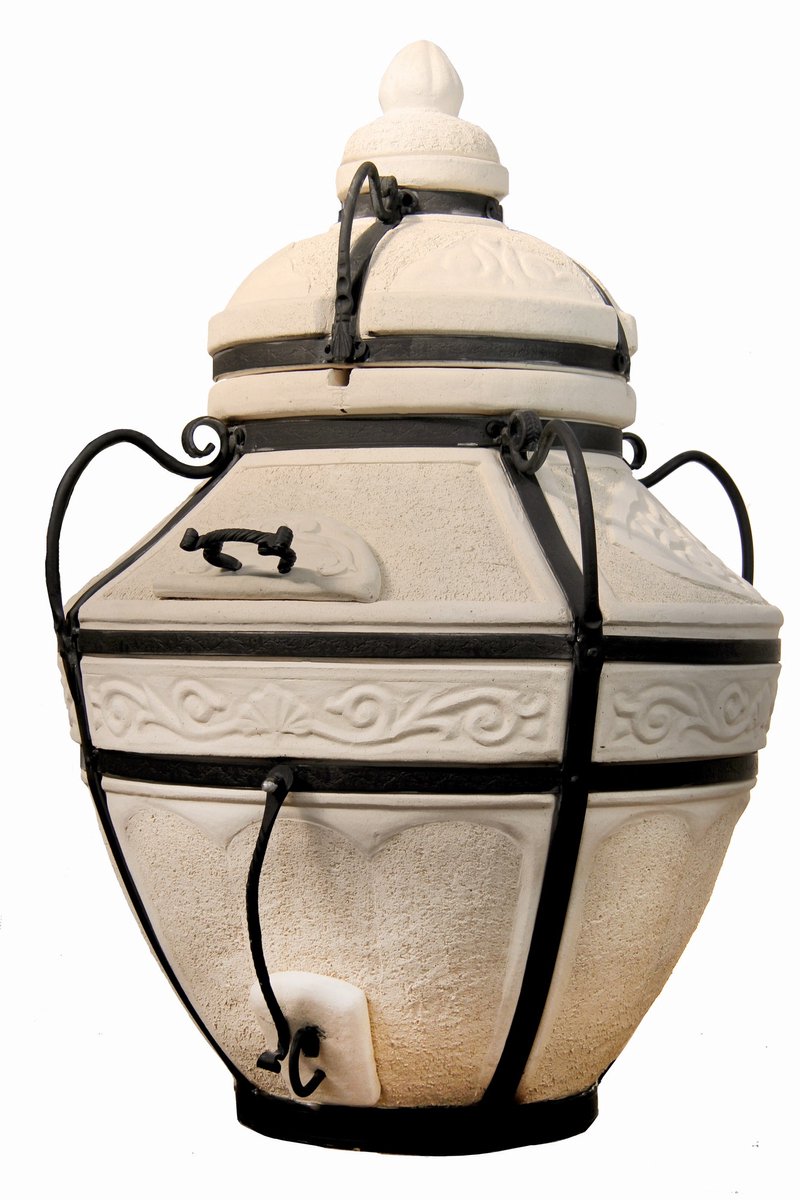 Tandoor Aladin Mini (klapdeksel) – Keramische houtgestookte buitenoven, verticale Kamado voor vlees, groenten en brood – Met 12 XL-spiesen & accessoires – 6 cm dikke wanden voor perfecte warmteopslag – 91 cm – 118 kg - 75L *** Met beschermhoes