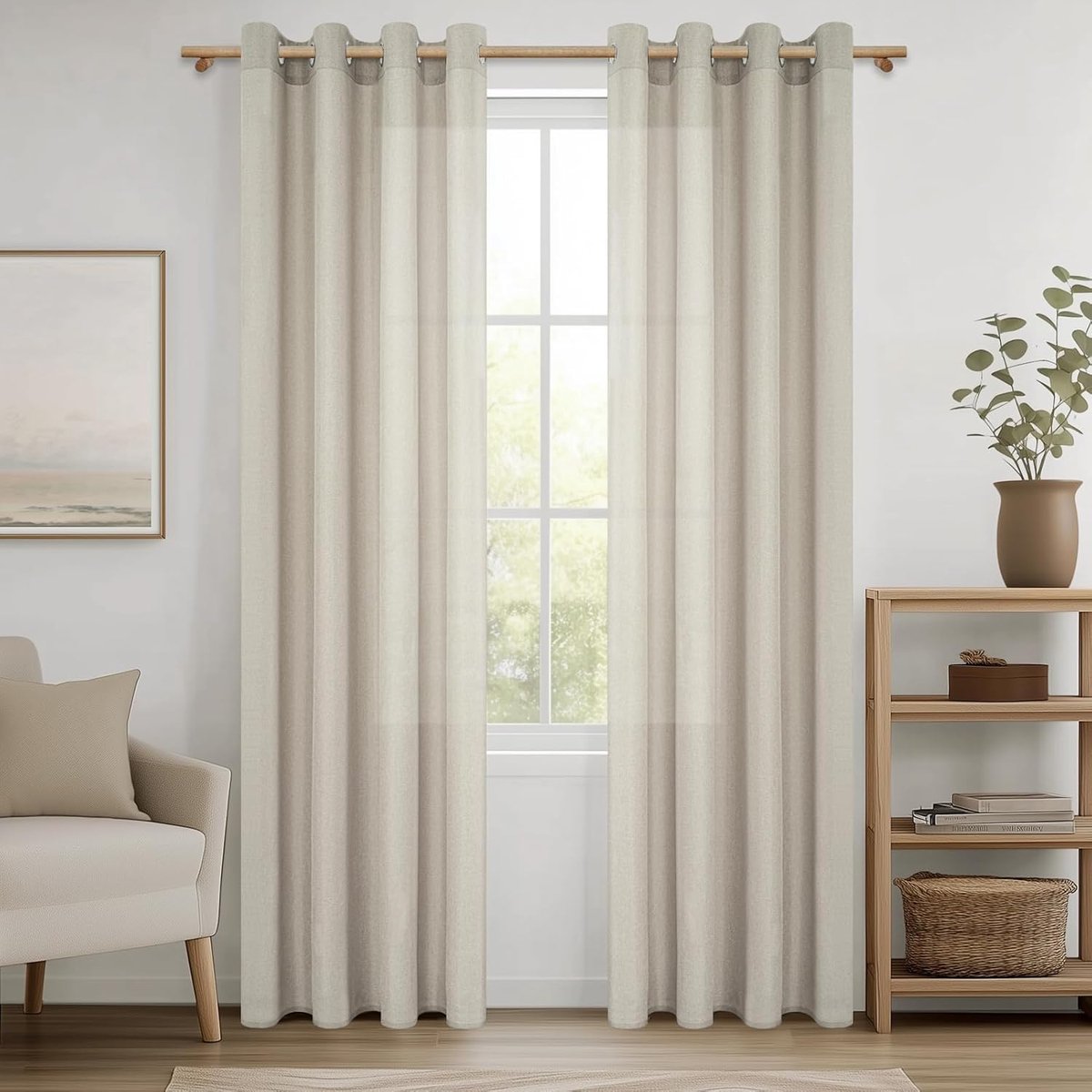 2 stuks gordijnen, beige, 140 x 225 cm, linnen effect, semi-transparant, gordijnen, voile-gordijnen en draperieën, binnen, met oogjes, gordijn voor woonkamer, slaapkamer, volwassen, raam, 2