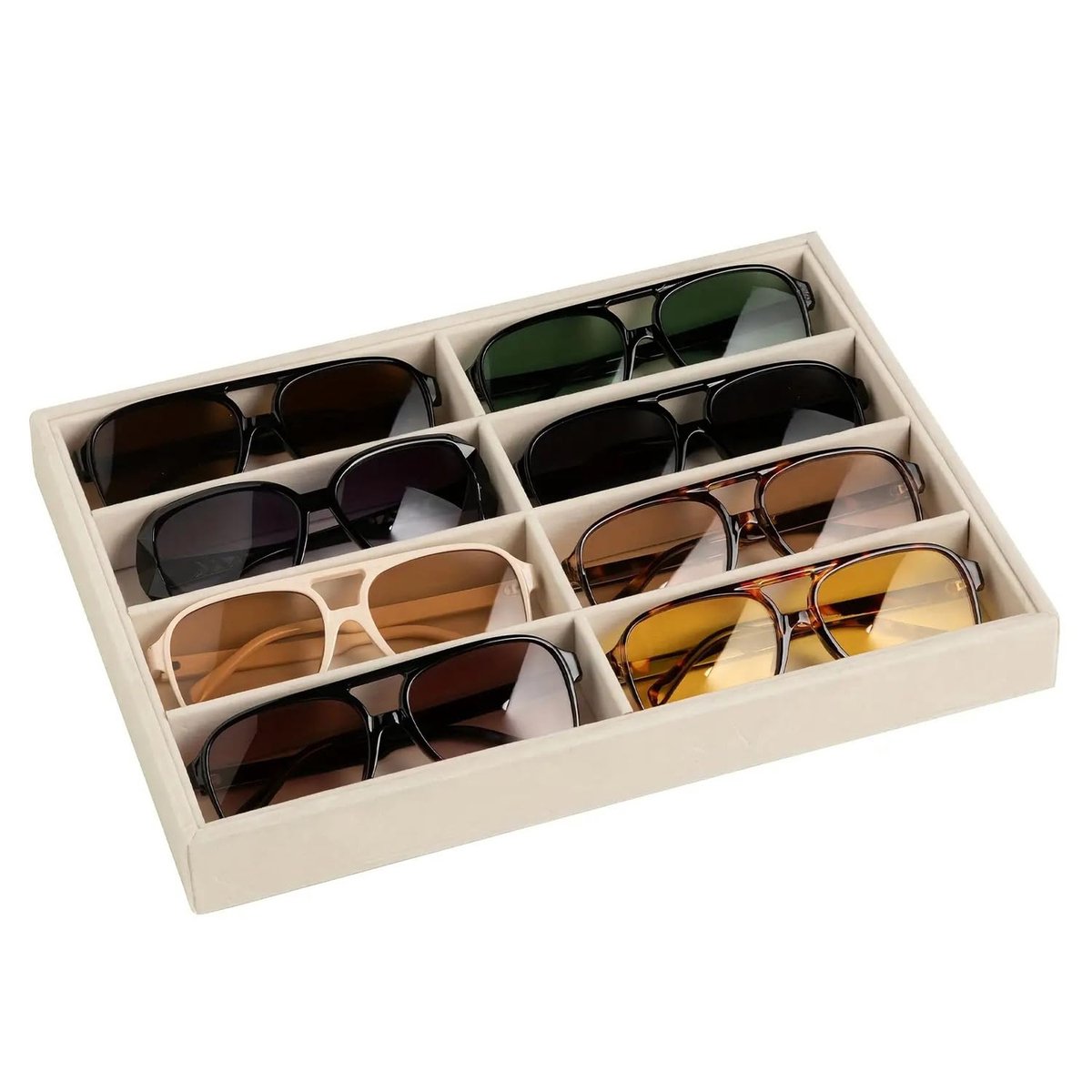 Bril Organizer 8-Grid Fluwelen Sieraden Tray, Stapelbare Brillen Opbergdoos Met Afneembare Scheidingen, Display Houder Voor Zonnebrillen, Horloges & Sieraden Voor Mannen Vrouwen (Beige)