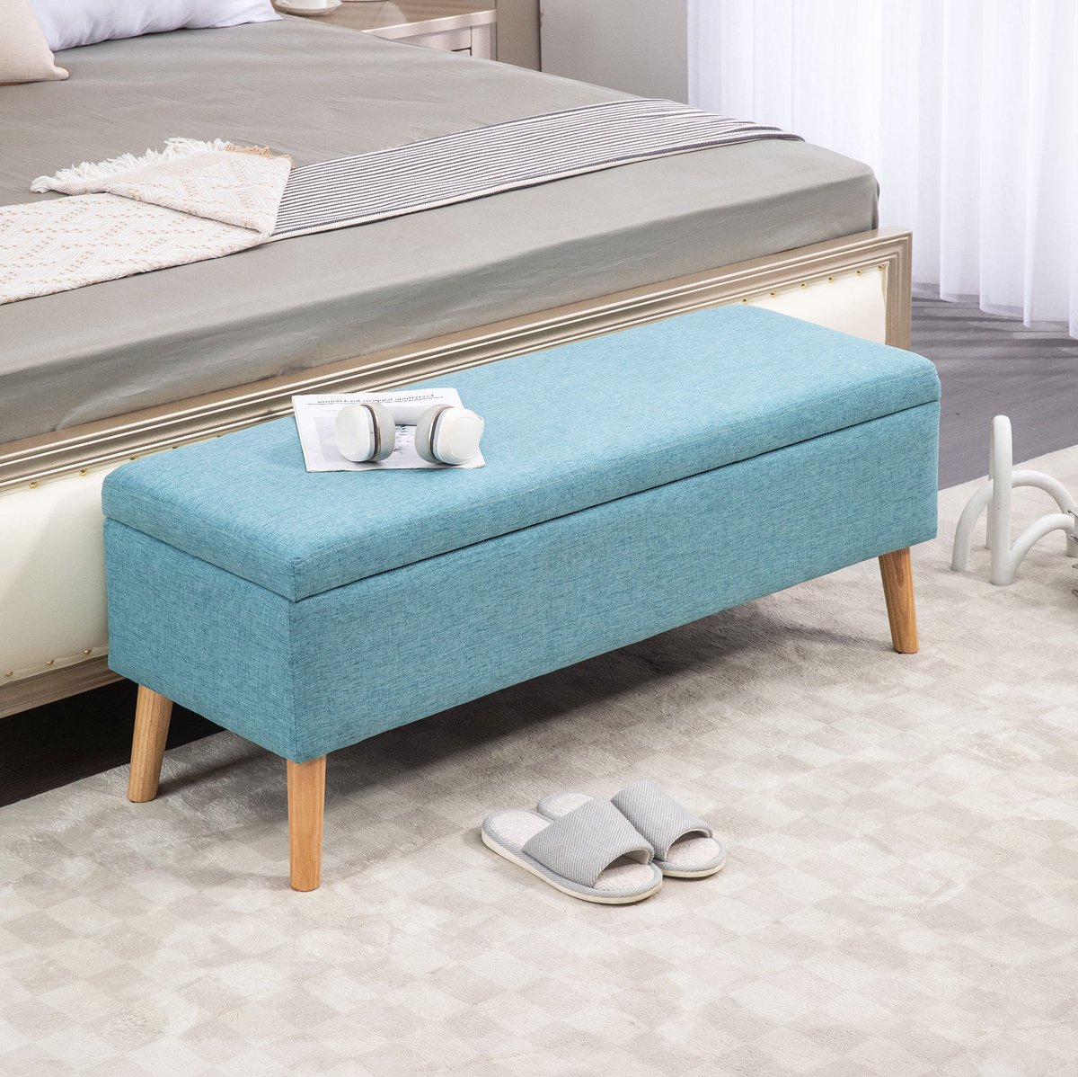 MEUNIQ opbergbank zitbank 110 x 39 x 45 cm met opklapbare zitting en opbergruimte, gestoffeerde bank in linnenlook voor hal, slaapkamer of woonkamer, blauw