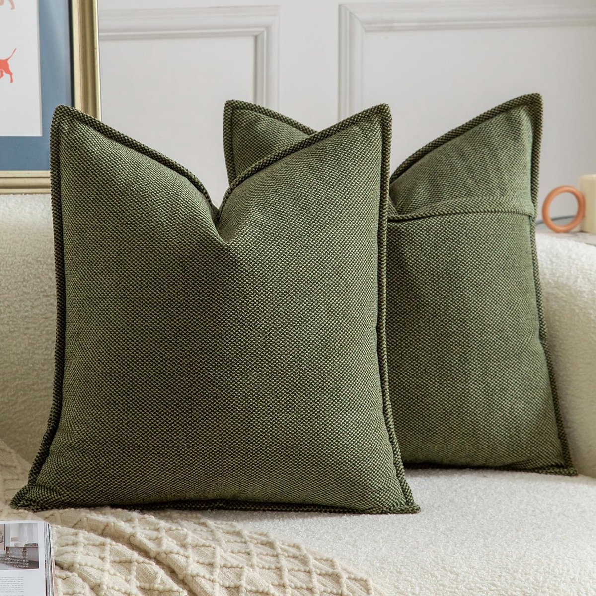 MADIZZ Set van 2 Chenille Franje Kussenslopen Zachte Neutrale Decoratieve Kussens voor Sofa Boho Accent Kussensloop voor Slaapkamer Woonkamer 50x50 cm Mosgroen