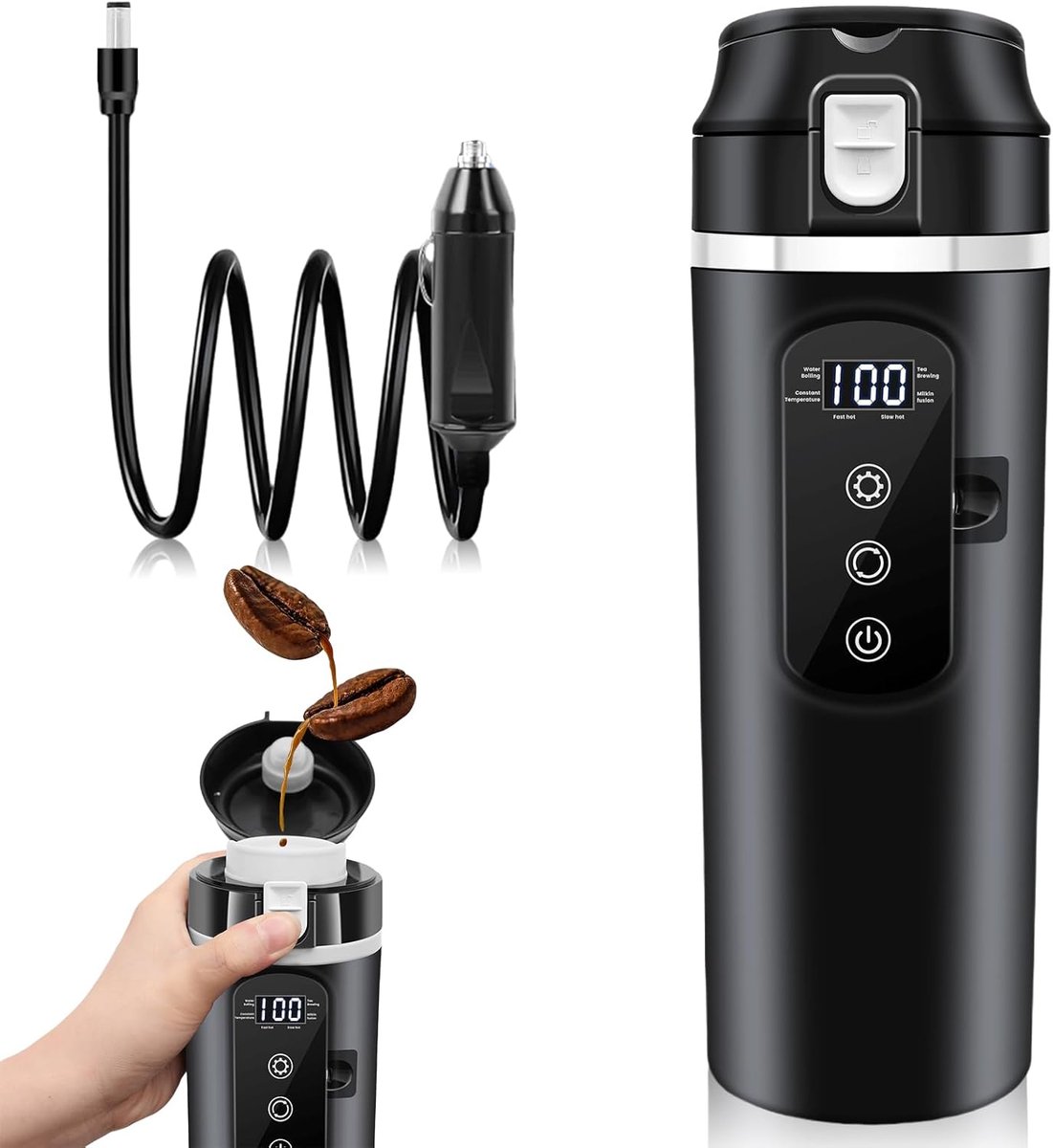 Auto waterkoker 12V 24V reiswaterkoker elektrische autobeker lekvrij met droogkookbeveiliging 500ml 250W