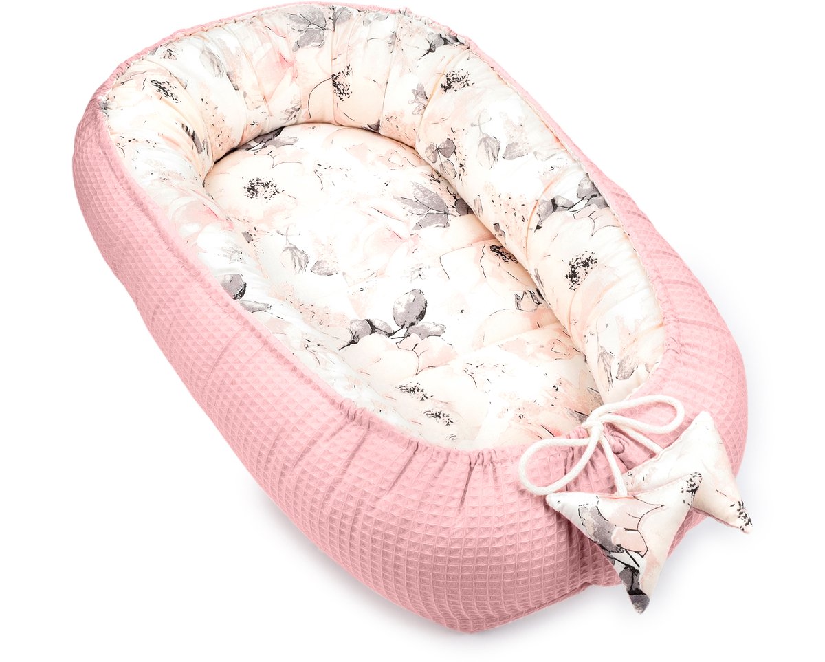 Babynestje Pasgeborene 50x90cm – Babynest behaaglijk Katoen & Wafel – zacht ademend en knus Nestje comfortabel voor Ledikant Wieg Kinderwagen Babykamer en Onderweg 2. Wilde Roos Rosa