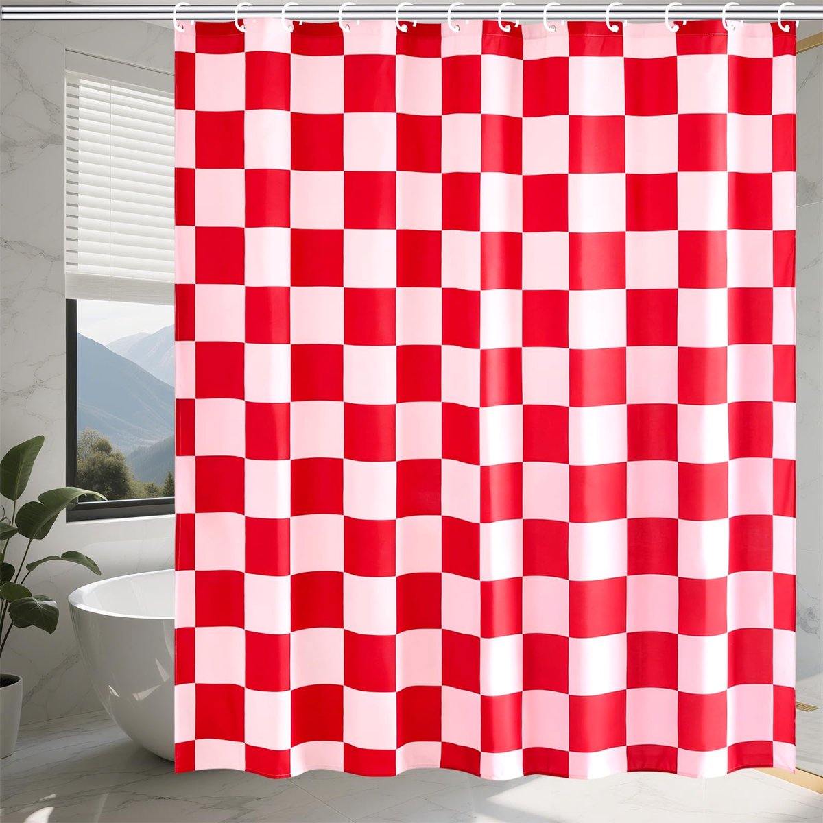 Douchegordijn, geruit, rood, anti-schimmel, waterdichte stof, douchegordijnen, 180 x 180 cm, douchegordijnen, machinewasbaar, sneldrogend