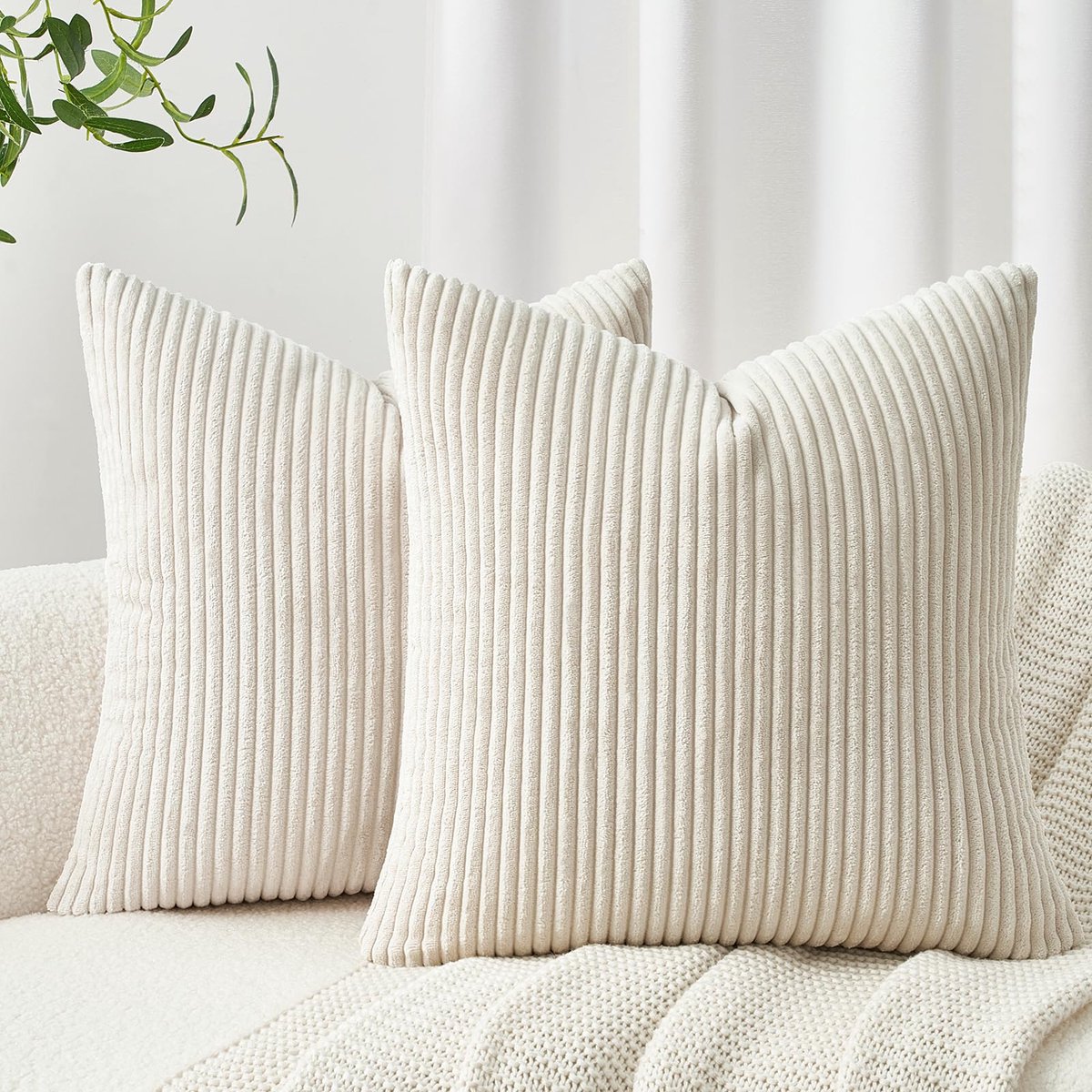 Kussenhoes 45 x 45 cm, crèmewit, Decoratie voor woonkamer, van corduroy, super zacht, bankkussen, decoratief, bank, fauteuil, hoofdeinde, eenkleurig, gestreept, 2 stuks