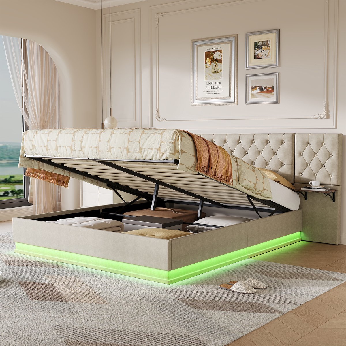 Opbergbed 160x200 cm beige linnenlook met RGB LED en USB-aansluiting