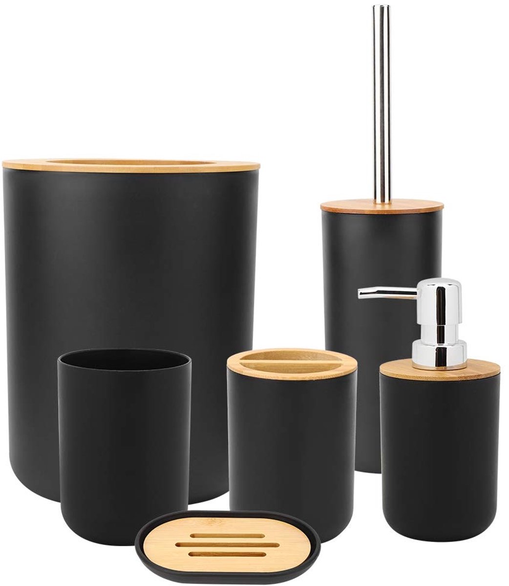 Badkamerset, huishouden badkamer zeepkist tandenborstelhouder spoelbeker lotion fles accessoires kit voor badkamer thuis gezin (zwart)