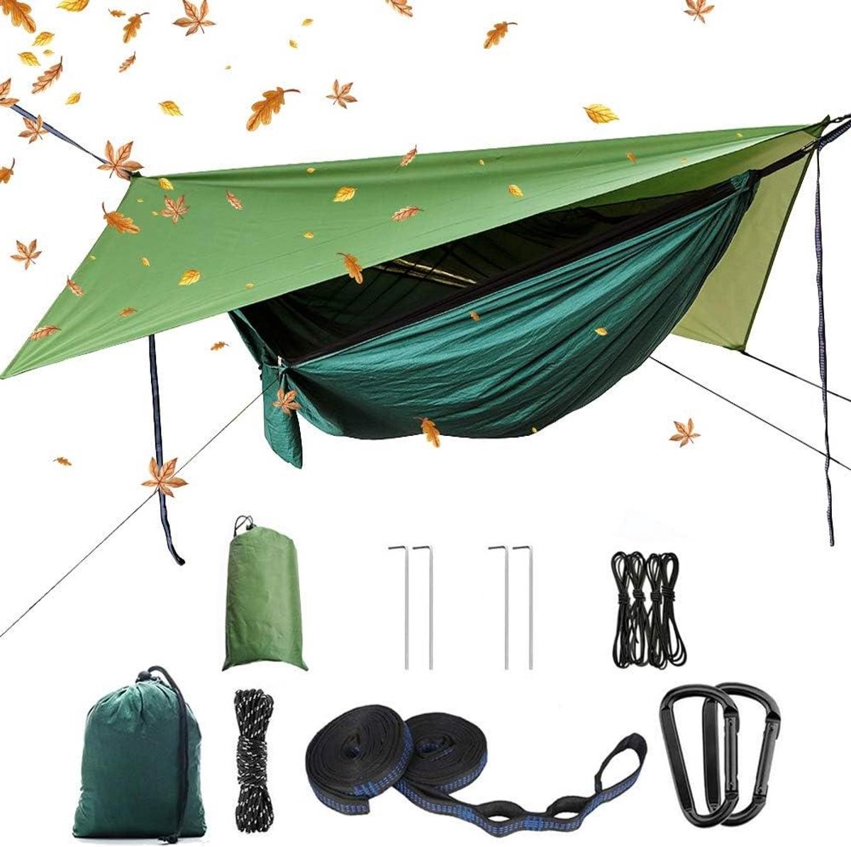 Camping Hangmat Set - Dubbele Hangmat - Buiten Ontspannen - Met Muskietennet - 290 x 140 cm - Donker Groen