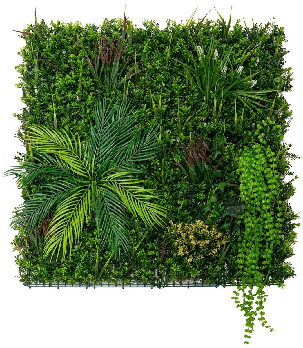 Kunstmatig Planten Wand Paneel 100x100cm Alina Levend Blanderen Groen Kunsthaag Tegel Binnen/Buiten Weer/UV-Bestendig Grashek Privacy Achtergrond Tuin Woondecoratie, Snap & Lock Bevestigingsmaterialen