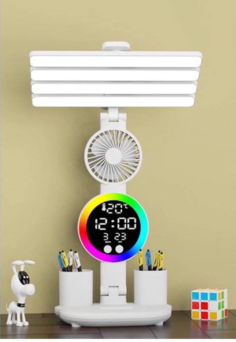 LED klok met leeslamp, Oplaadbare bureaulamp met ventilator, Multifunctionele tafellamp
