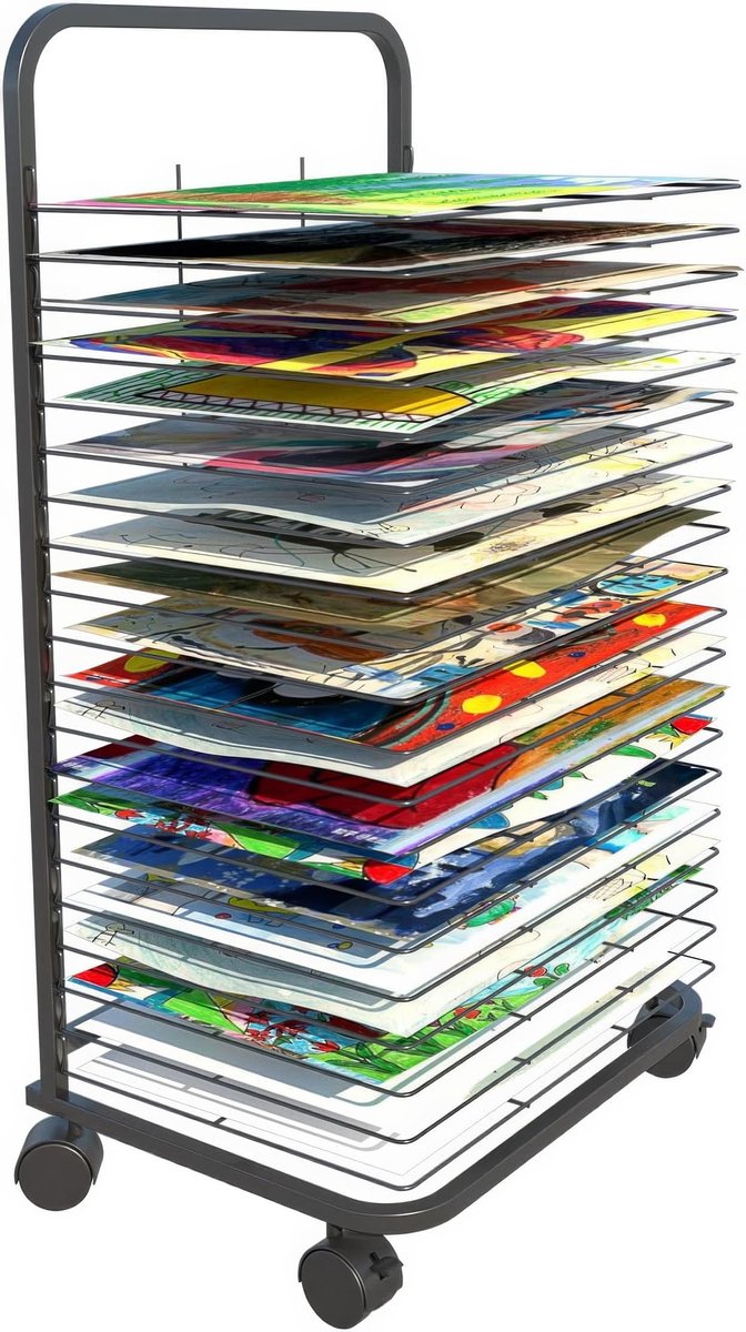 Droogrek voor klaslokaal - 20 verwijderbare planken, afsluitbare wielen, A3 tekenpapier, olieverf, kunstbenodigdheden opbergrek voor kunststudio, scholen