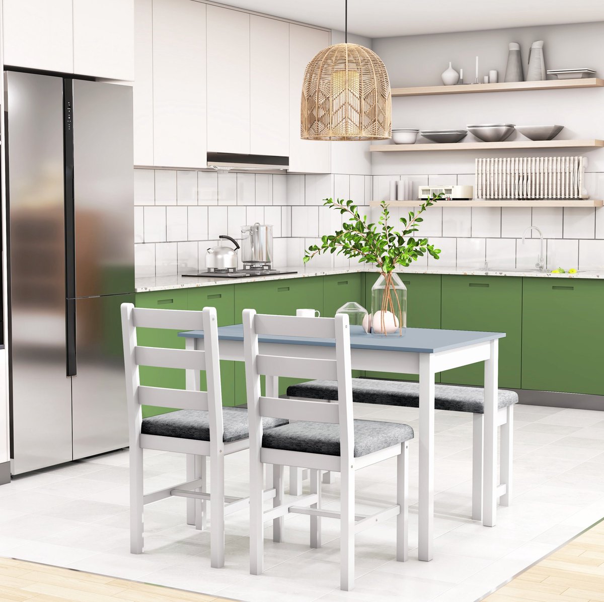 Wishdor - Set tafel en stoelen - 4-delig - ruimtebesparend met bank en 2 stoelen - modern voor keuken en eetkamer - hout - grijs/wit - 108x65x75 cm