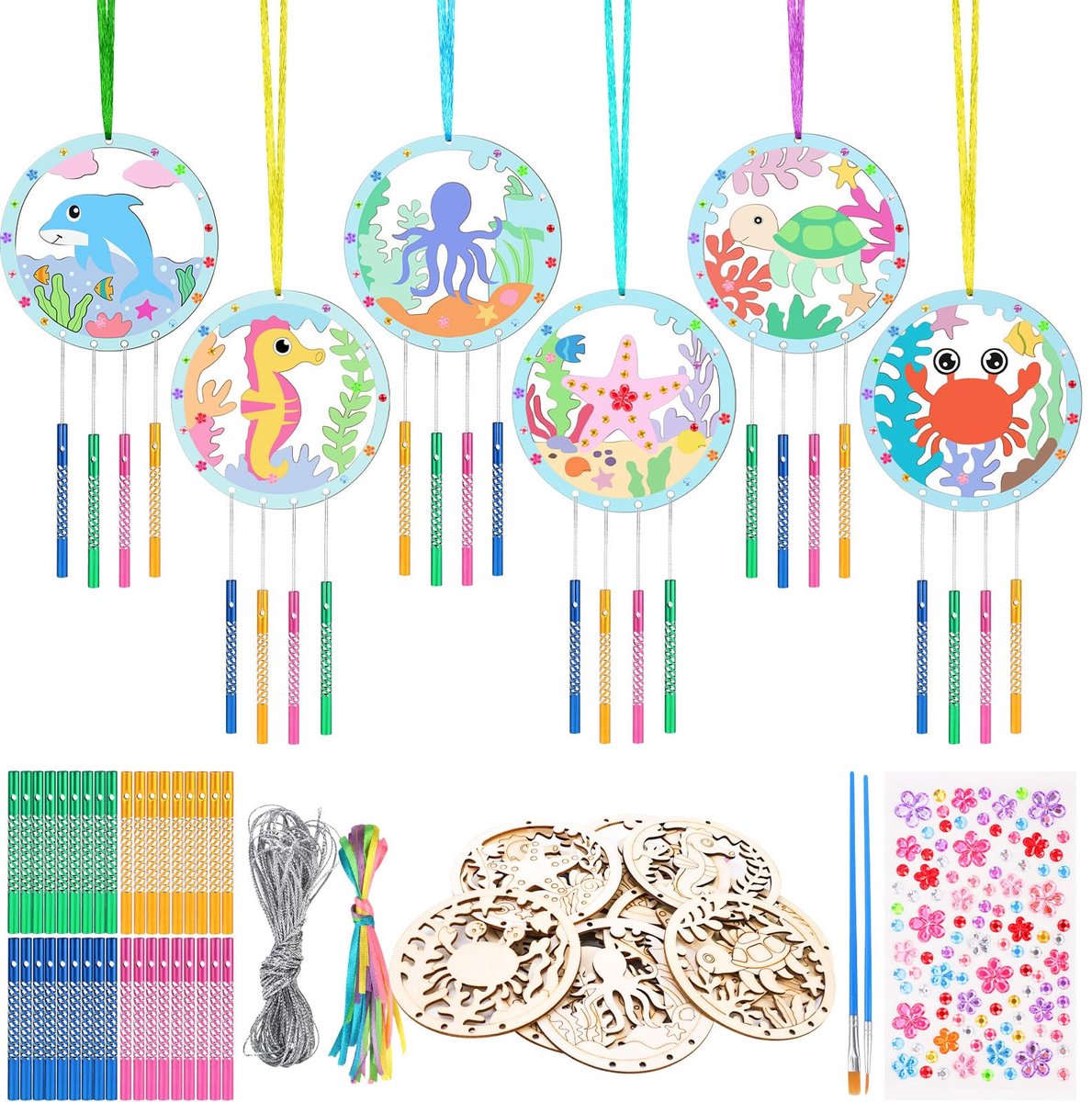 Windgong met zeedieren voor kinderen, houten oceaandieren, zelfgemaakte windgongset, windgong voor meisjes en jongens, houten kunst en ambacht voor tuin, binnen, buiten