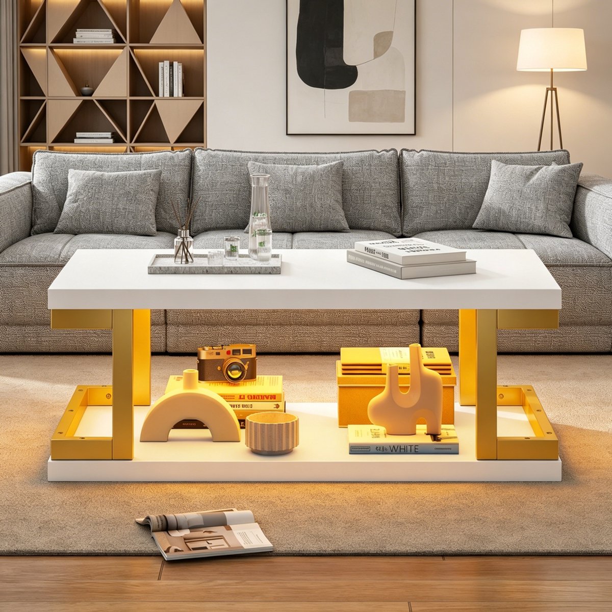 KOMHTOM Salontafel - Rechthoekig Wit Goud - LED Verlichting - Bijzettafel Woonkamer - MDF Metaal - Modern Design Koffietafel - 100x50x37.5cm