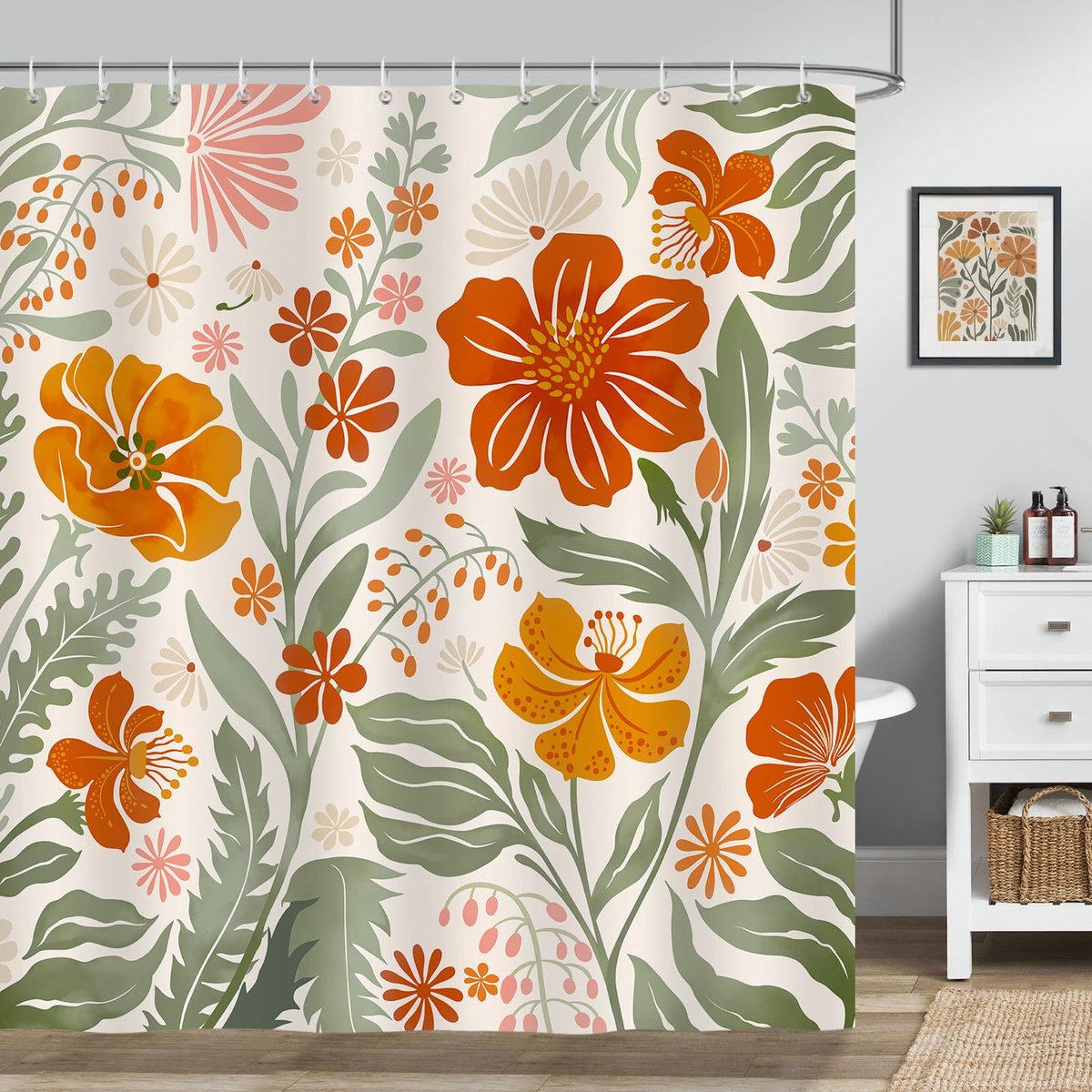 Douchegordijn, boho, bloemen, bladeren, retro, plant, modern, elegant, mid century douchegordijnen, 180 x 180 cm, schimmelwerend, waterdicht, polyester, wasbaar, badkamergordijn voor badkamer