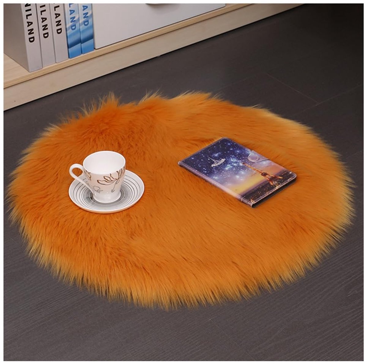Rond kunstbont tapijt wasbaar zacht bonttapijt pluizig longhair stoelkussen imitatie wol bedvorleger bank mat voor woondecoratie oranje 150 x 150 cm