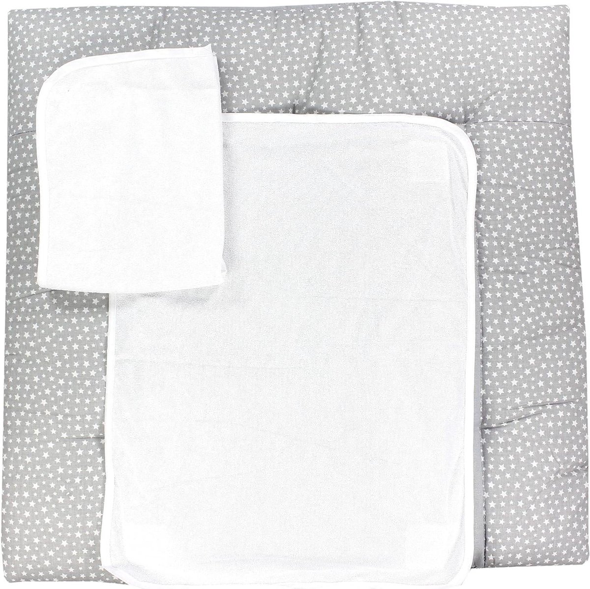 Baby Verschoonmat - Commode mat Aankleedkussen - Babyverzorging - Inclusief 2 badstofhoezen - 70 x 70 cm - Sterren wit grijs