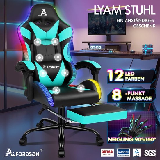 Gamingstoel met massage - Bureaustoel racer - Comfortabel gamen - 8-punts massagefunctie - 180 kg draagkracht - Cyaan — afbeelding 2