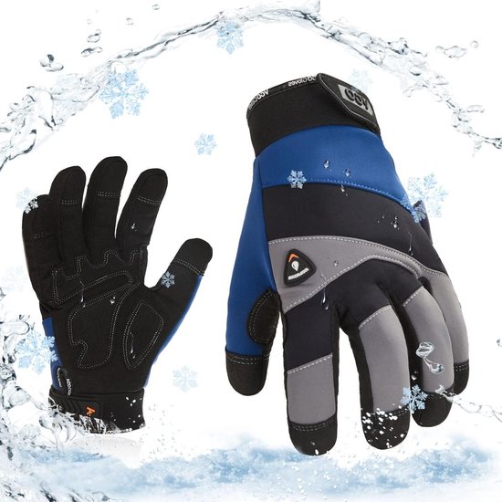 Zwarte en blauwe werkhandschoenen met grijze accenten, omringd door water en sneeuwvlokken.