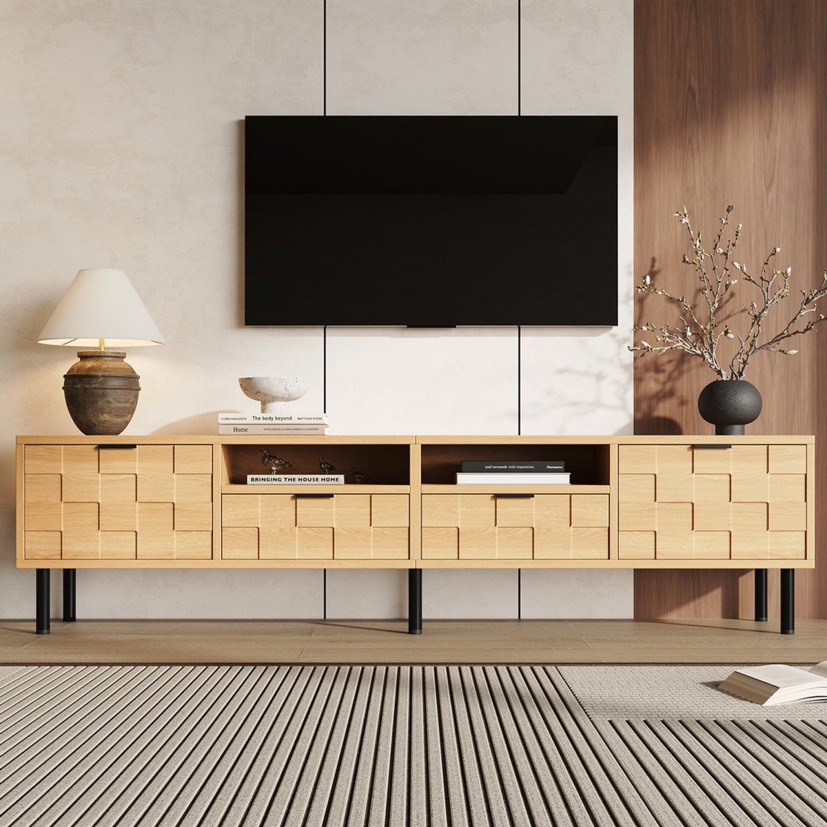 KOMHTOM TV-meubel - Lowboard - Natuurlijke houtkleur - 200 cm breed - 2 lades en 2 deuren - Woonkamer - Geschikt voor TV tot 80 inch - Modern design met 3D vierkante decoratie