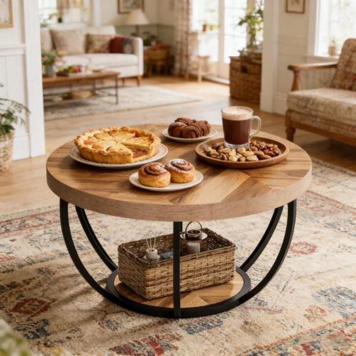 MIVRAY Salontafel - Ronde 2-Laagse Koffietafel Met Open Opbergplank - Modern Voor Woonkamer Of Ontvangstruimte - Hout En Metaal - Houtkleur