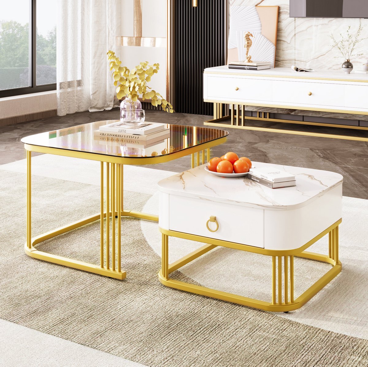 HAUSS SPOLE Salontafel Set Van 2 - Nestbaar Met Lade En Hoogglans Marmerlook - Voor Woonkamer - MDF En Glas - 60x60x44,5 Cm - Wit Goud Bruin