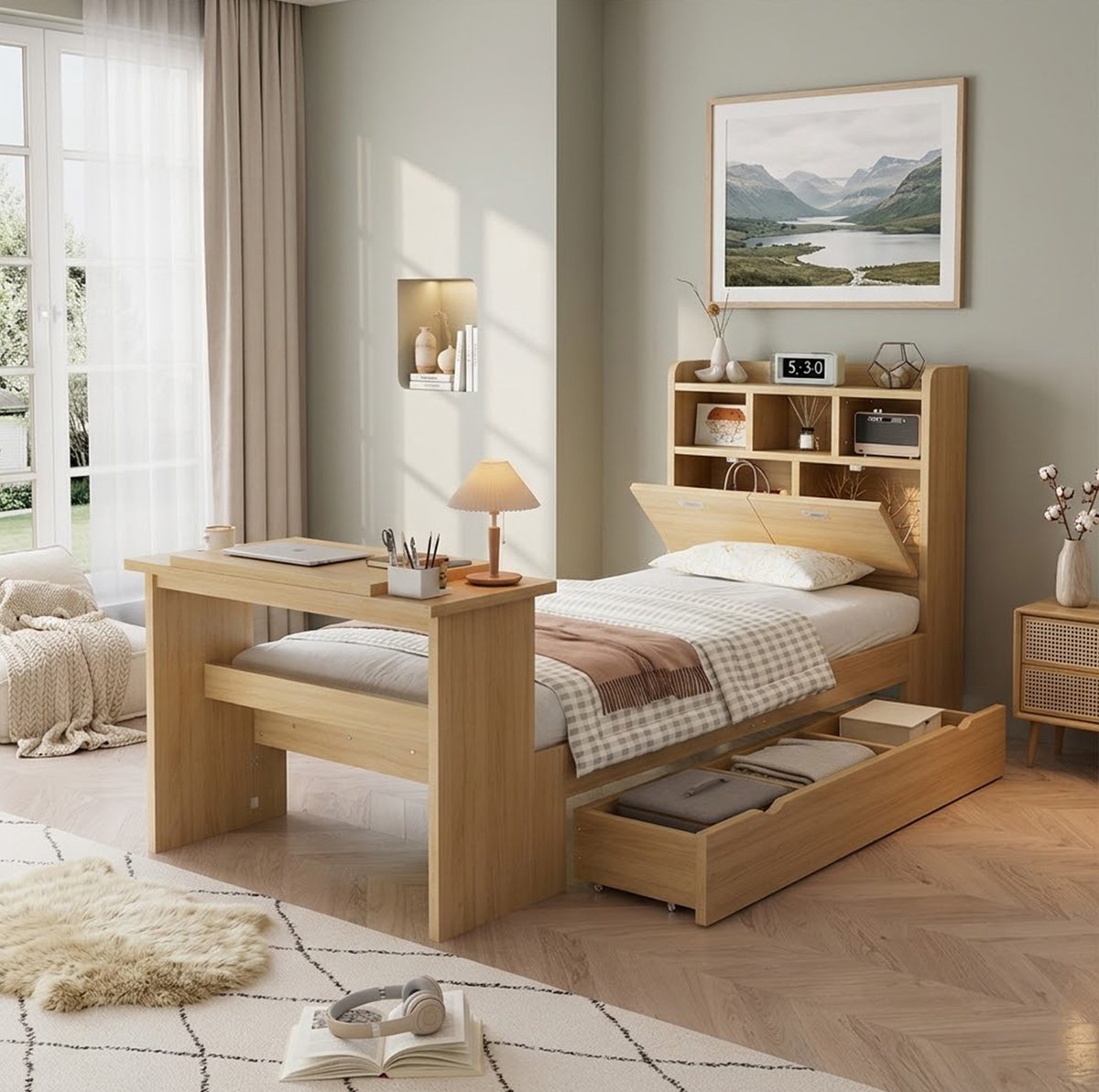 MIVRAY Kinderbed 90x200 cm Zonder Matras - Eenpersoonsbed Met Opbergruimte, Hoofdrek En Verstelbare Klaptafel - Houtkleur