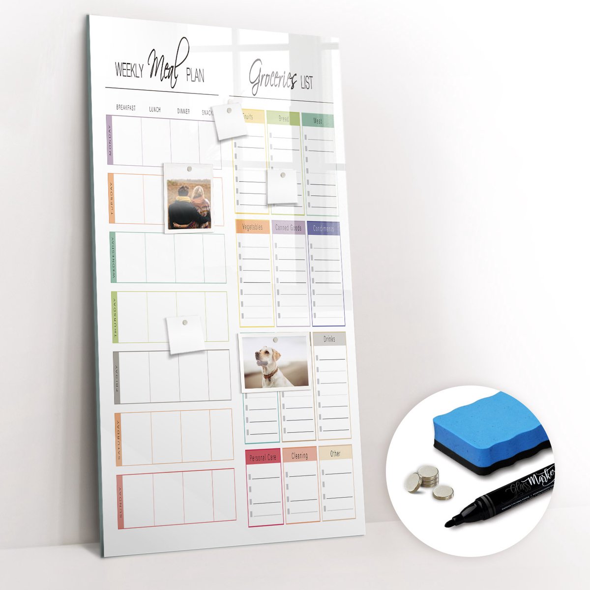 Tulup Whitebord - Weekmenu - 60 x 120 cm - Veelkleurig Memobord Keuken - Gratis 5 Sterke Magneten + Whiteboard Marker & Wisser - Industrieel Wandbord - Magneetbord Rechthoekig - Planning Muur