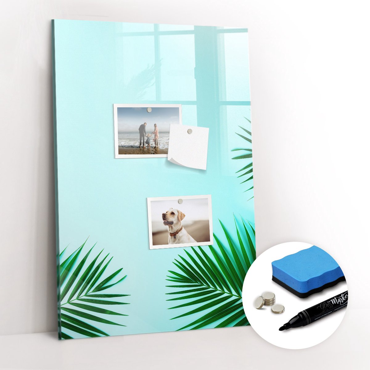 Tulup Whitebord - Tropische bladeren - 40 x 60 cm - Blauw Magneetbord Keuken - Gratis 5 Sterke Magneten + Whiteboard Marker & Wisser - Moderne Wanddecoratie - Magneetbord Keuken - Notitiebord Werkplek
