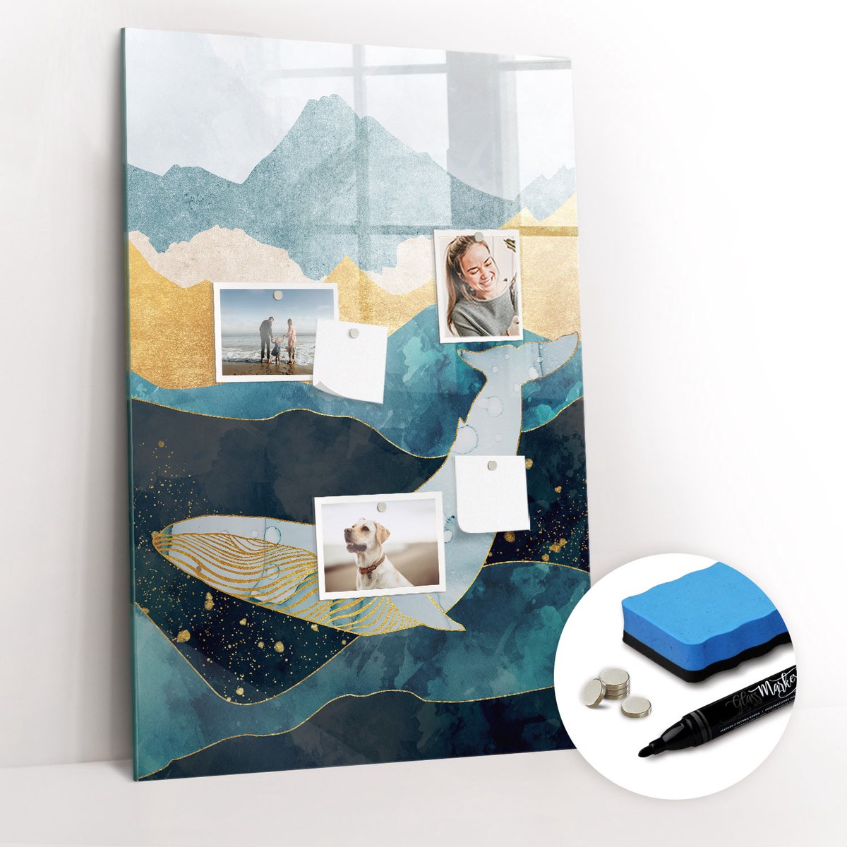 Tulup Whitebord - Marmeren walvis - 60 x 90 cm - Blauw Magneetbord Foto - Gratis 5 Sterke Magneten + Whiteboard Marker & Wisser - Wanddecoratie Kantoor - Magneetbord Rechthoekig - Inspiratiebord Kantoor