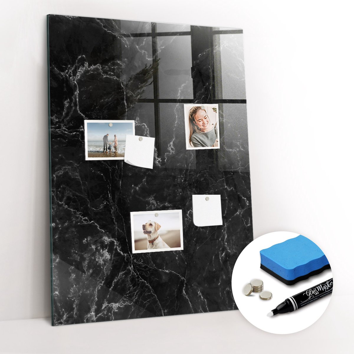Tulup Whitebord - Glanzend donker marmer - 70 x 100 cm - Zwart-wit Foto Magneetbord - Gratis 5 Sterke Magneten + Whiteboard Marker & Wisser - Interieur Accessoires Kantoor - Magneetbord Design - Planning Muur