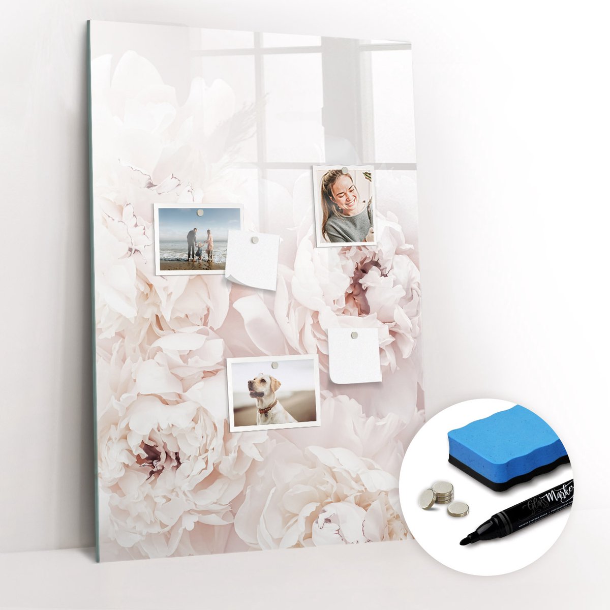 Tulup Whitebord - Pioenrozen - 60 x 90 cm - Roze Memobord Keuken - Gratis 5 Sterke Magneten + Whiteboard Marker & Wisser - Stylish Memo Board - Memobord Glas - Planning Muur