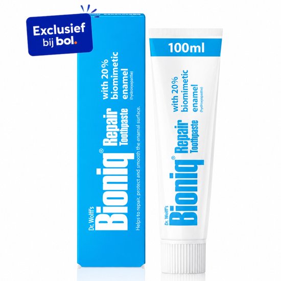 Doos en tube Bioniq Repair Tandpasta, 100ml. Met 20% biomimetisch glazuur.