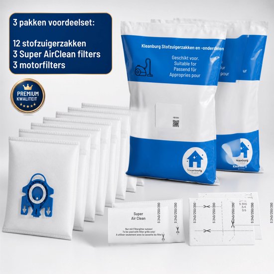 Verpakking met 12 witte stofzuigerzakken, 3 Super AirClean filters en 3 motorfilters. Verpakkingen met logo Kleanburg.