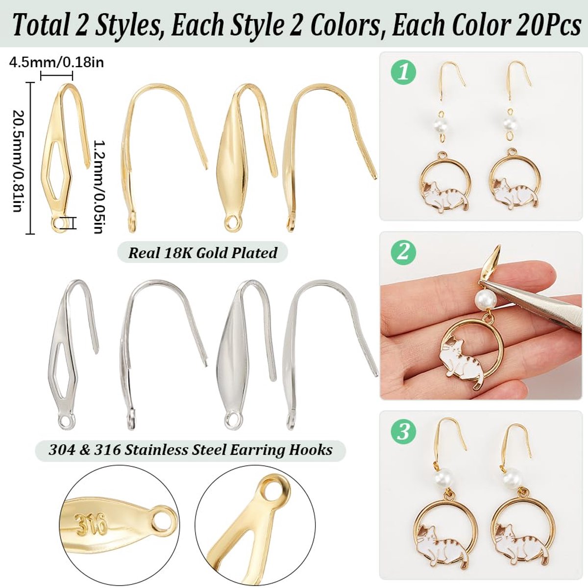 1 Doos 80Pcs 4 Stijlen Franse Vishaak Oorbel Bevindingen Roestvrij Staal Oor Draad Haken Metalen 18K Vergulde Zilveren Brede Oorbellen Haak Draden met Verticale Lus voor Sieraden Maken DIY