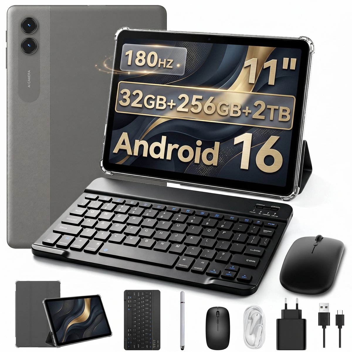 ExcitPower T70 - Tablet - 11 inch - 32GB RAM - 256GB ROM - 8000mAh - Android 16 - Met Toetsenbord - Hoes - Stylus - Muis - Gemini AI - GPS - Grijs